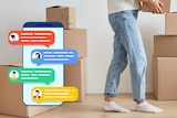 An illustration of a chatbot is next to someone packing boxes to move houses.