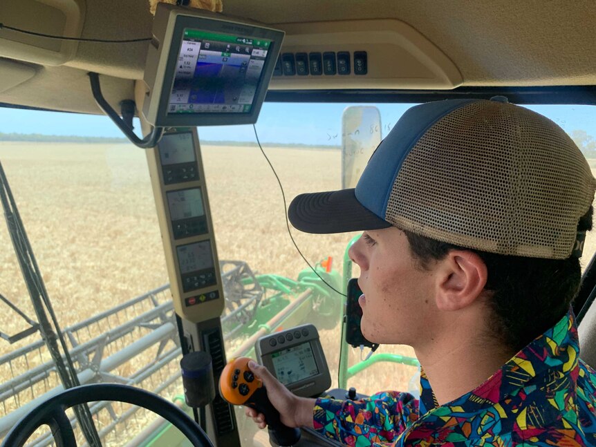 A teenager driving a header in a barley crop.