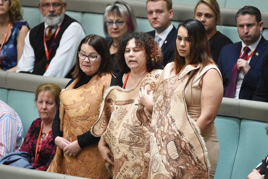Three women wearing Aboriginal cloaks stand in the House of Representatives