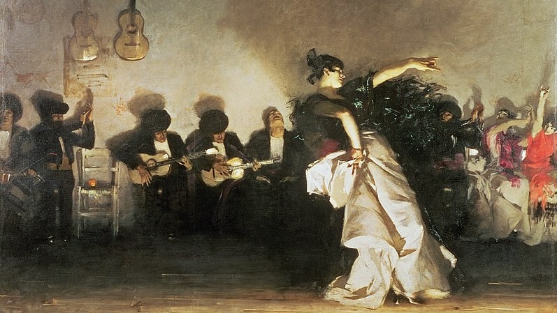 A painting of a Spanish woman dancing as musicians play guitar behind her, and others cheer