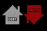 Graphic of two arrows in the shape of houses, one with prices facing downward and the other with debt facing upward.