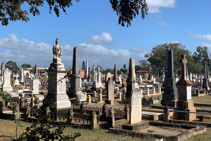 A wide shot of a graveyard in Bundaberg on a sunny day