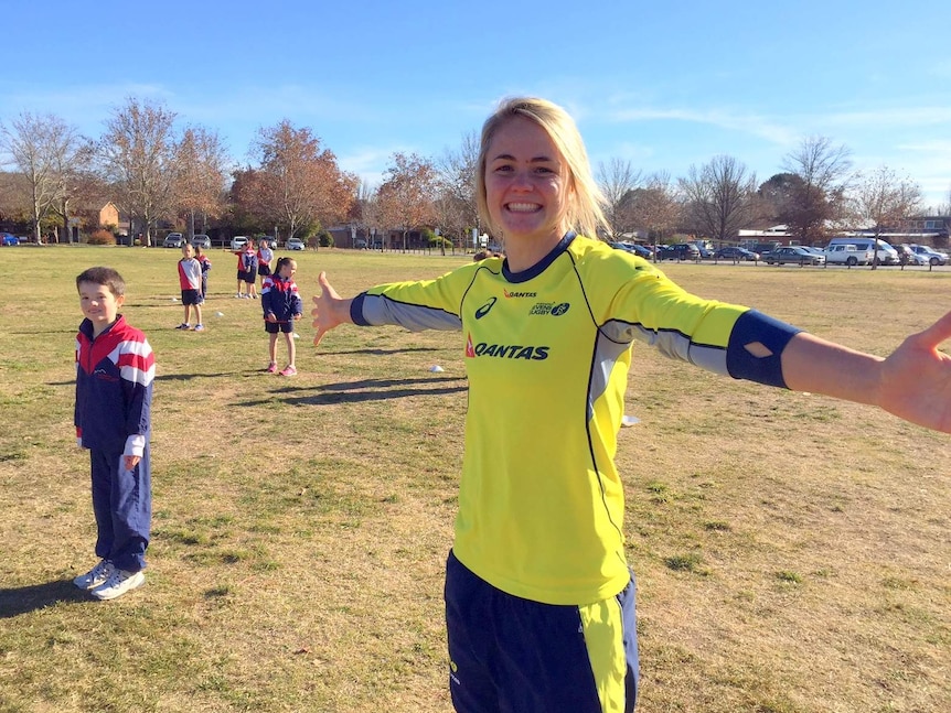 Rachel Crothers, a member of the Australian women's rugby sevens team, at the launch of the Game On program at Brindabella Christian College, Canberra.