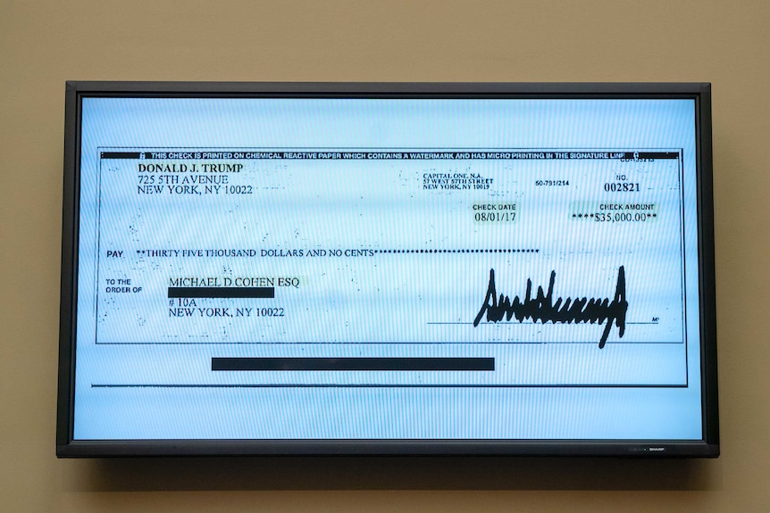 A copy of a cheque from Donald Trump to Michael Cohen