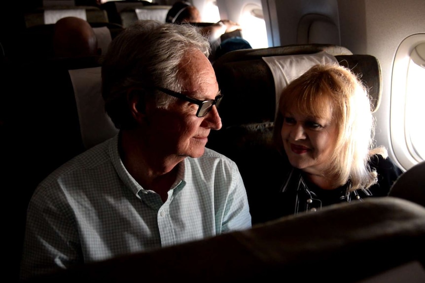 Patricia Amphlett and her husband Lawrie Thompson on plane to Vietnam