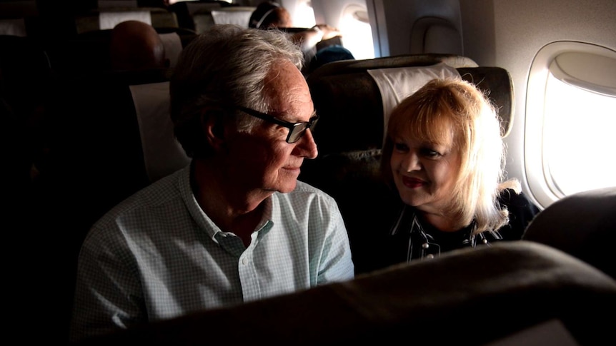 Patricia Amphlett and her husband Lawrie Thompson on plane to Vietnam
