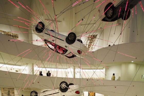 Artist Cai Guo-Qiang's installation 'Inopportune: Stage One' at the Guggenheim