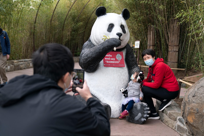 People pose for a photo with a giant panda statue