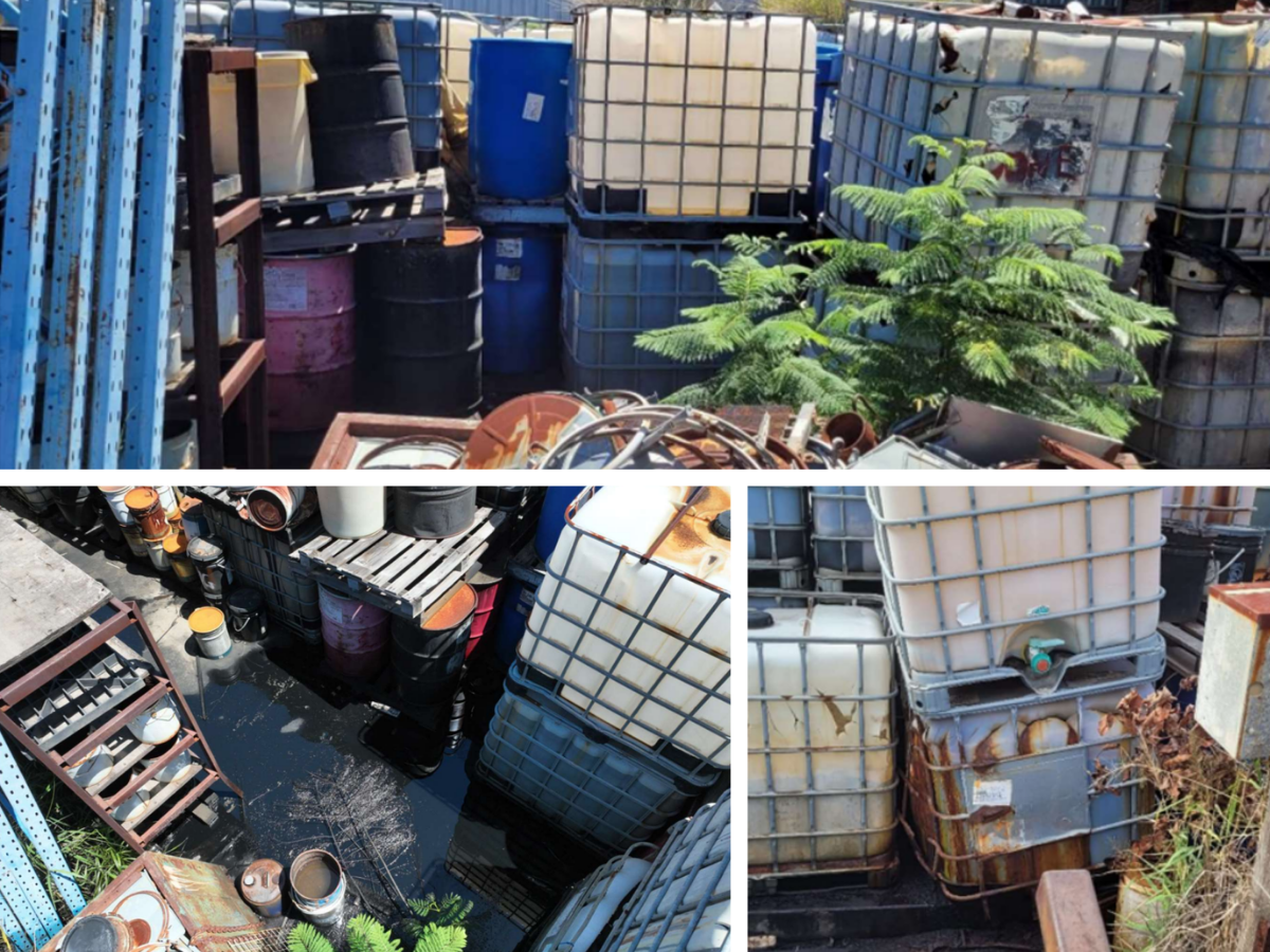 Collage of containers broken and rusted, leaking 