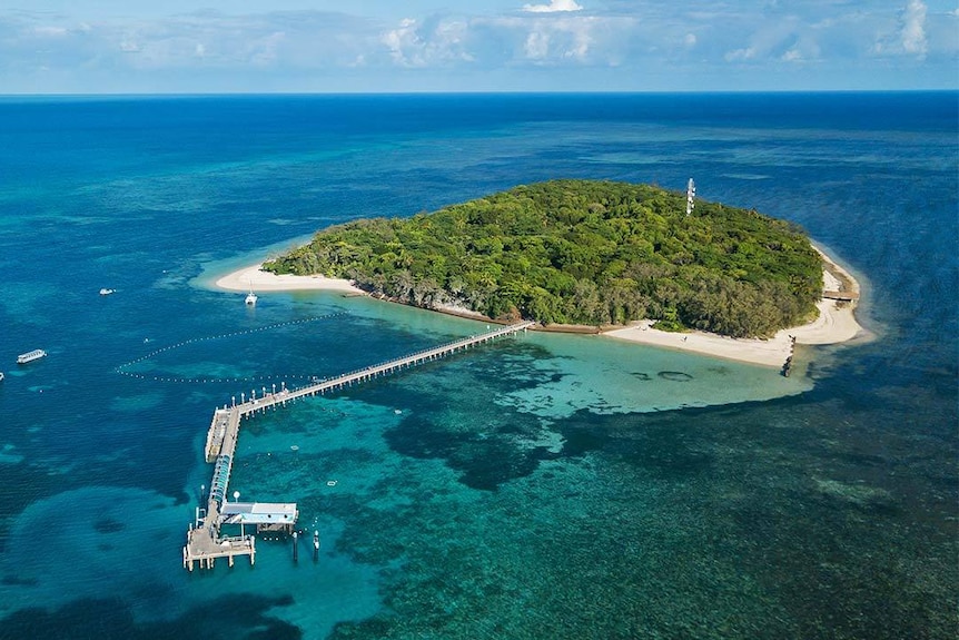 An aerial photograph of a tropical island with a jetty 