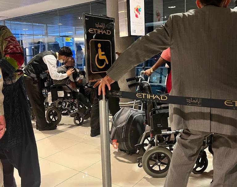 Wheelchair waiting area at Abu Dhabi International Airport.