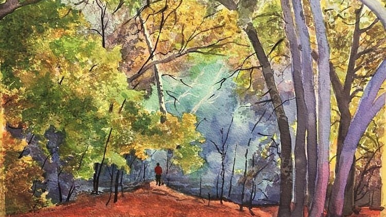 Water colour painting of person in distance on red dirt mount surrounded by forest trees in greens and yellows and purples.