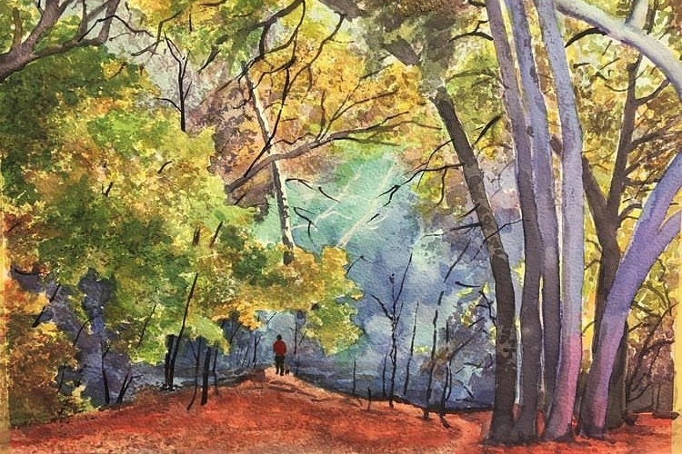 Water colour painting of person in distance on red dirt mount surrounded by forest trees in greens and yellows and purples