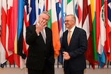 Anthony Albanese smiles next to Mathias Cormann in front of a panel of national flags. 