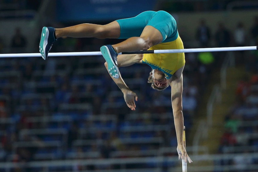 Kurtis Marschall clears the bar in the men's pole vault qualifying at the Rio Olympics on August 14, 2018.