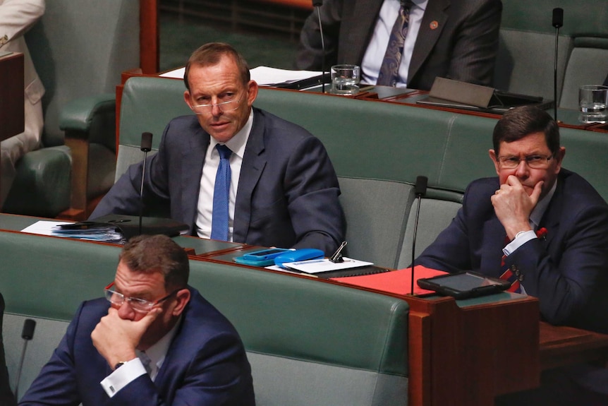 Former prime minister Tony Abbott sits next to Kevin Andrews