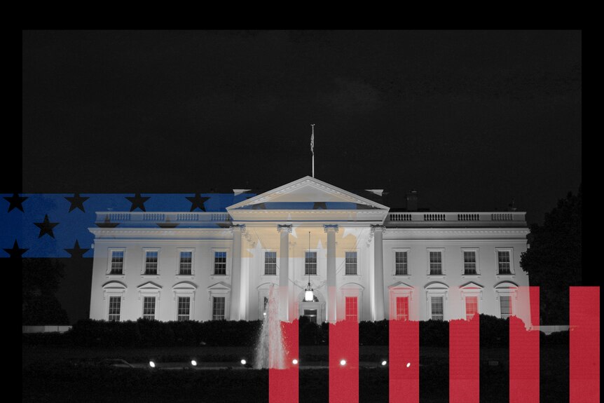 A collage of a black and white photo of the White House, lit at night, and elements of the US flag.
