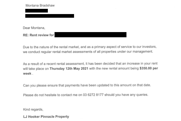 Letter from real estate agent advising rent increase