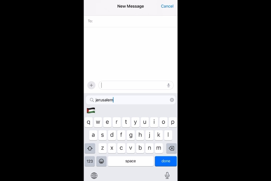 Screen shot of message section on iPhone showing Palestinian flag appearing after Jerusalem is typed in.