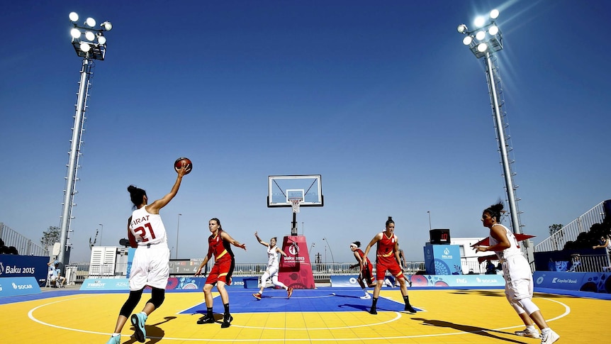 Belgium and Turkey play women's three-on-three basketball at the European Games in June 2015.