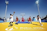 Belgium and Turkey play women's three-on-three basketball at the European Games in June 2015.
