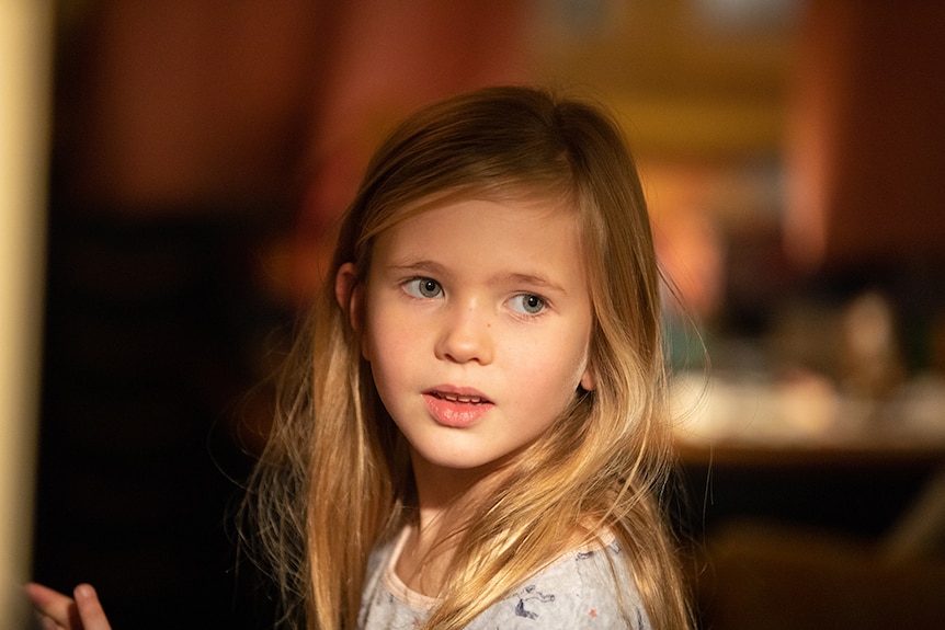 A young girl with blonde hair, green eyes wears grey long sleeve shirt stands inside and is illuminated by afternoon light.