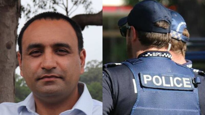 On the left in Coffs Harbour MP Gurmesh Singh and on the right a stock image of a NSW police officer