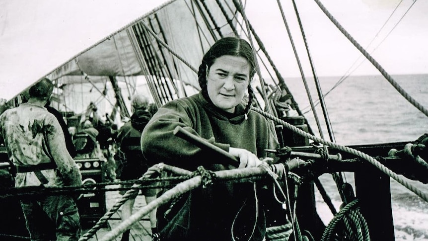 Anastasia Konstantinidis aboard one of the tall ships whose history she's helped preserve through her skills in rigging