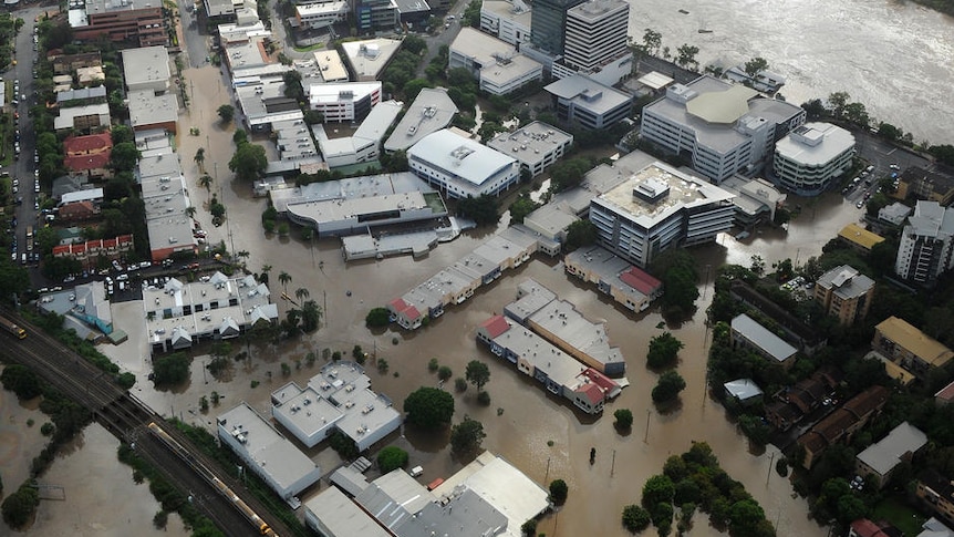 Aerial photo of inundated Coronation Drive and surrounds at Milton and Brisbane CBD from the Brisbane flood on January 12, 2011.
