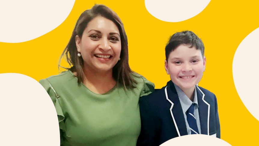 A woman stands with a boy in a school uniform for a story on supporting single parents