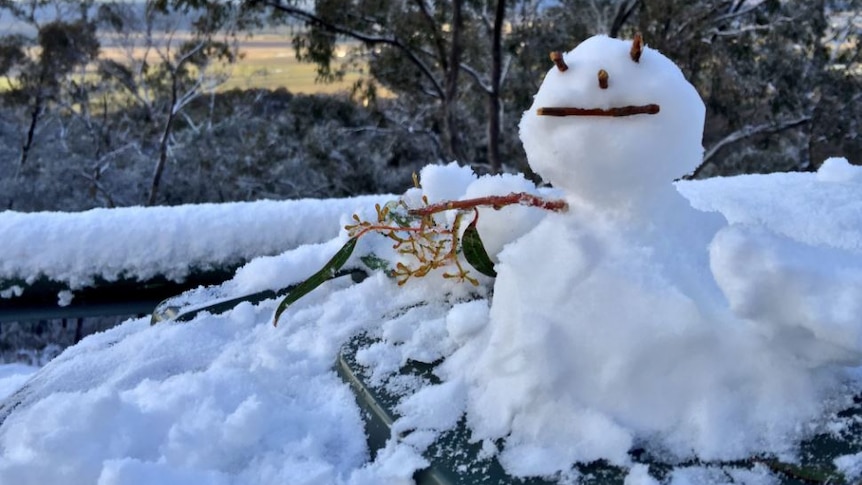 A snowman looks out over Canberra from the top of Mount Ainslie. (13 July 2016)