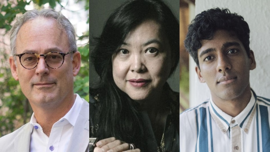 Left to right, author headshots: Amor Towles, Monique Truong, Anuk Arudpragasam