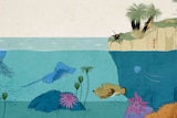 Colourful illustration of ocean and land with coral, seaweed, fish, insects, grass and cliff face.