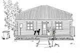 A pencil drawing of a quaint timber cottage