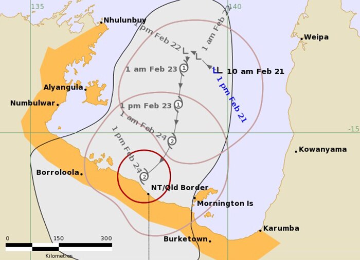 BOM forecast track map of weather system in Gulf of Carpentaria at 2:30pm on Friday, February 21, 2020.