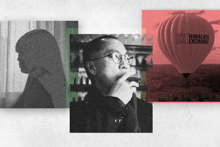 A composite graphic shows a silhouette of a woman, Guo Wengui smoking a cigar, and a hot air balloon