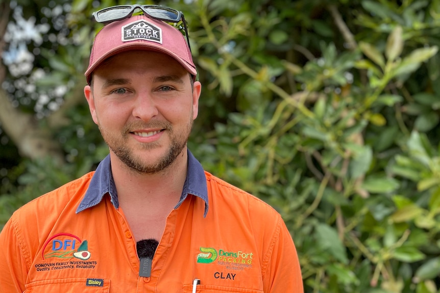 mid shot of man in his thirties in an orange workshirt with blurred avocado trees in background