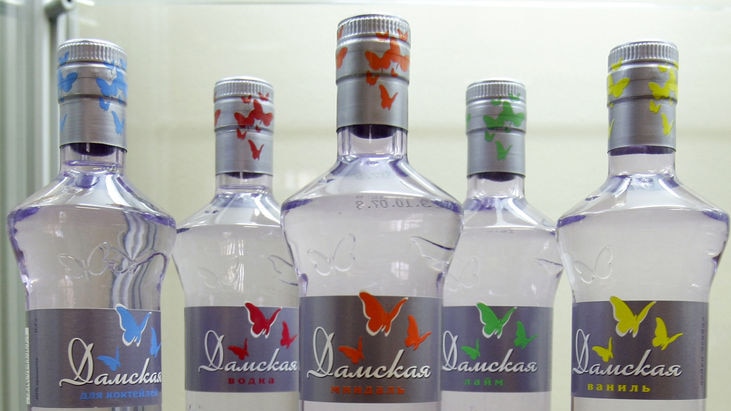 Bottles of Damskaya Vodka or 'Ladies' vodka are displayed in St Petersburg, Russia