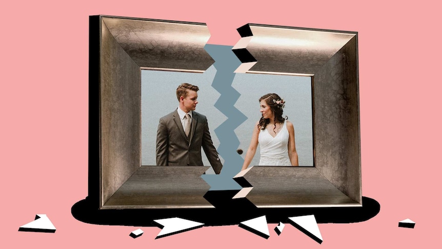 Broken wedding photo frame illustration for story about divorce in Australia