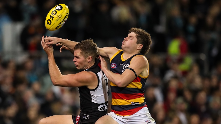 Two athletes contesting for the ball during an AFL match  