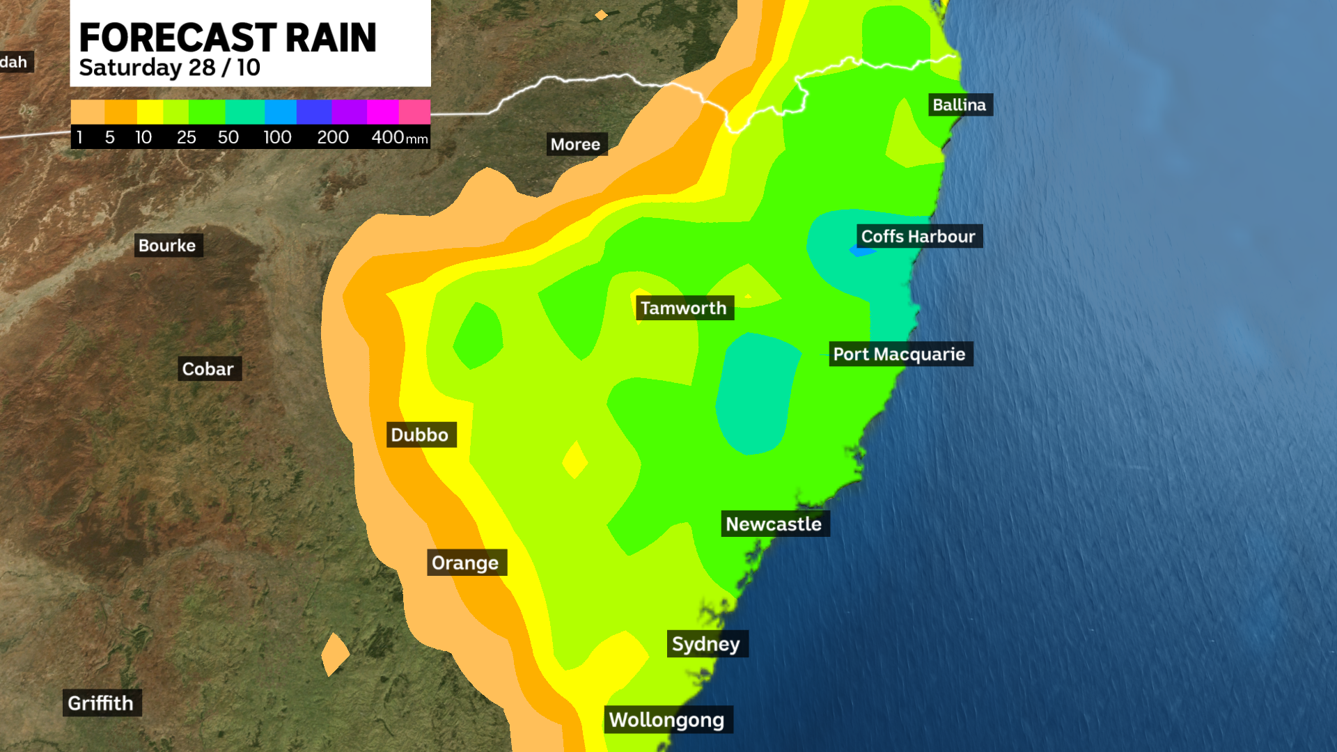 Forecast map of rain over NSW
