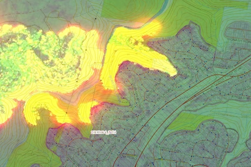 A map with a large orange wave on it.