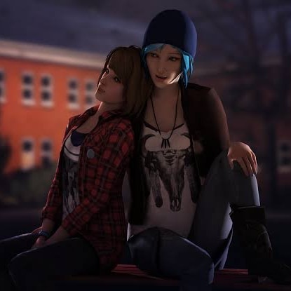 Video game still of two people leaning on each other