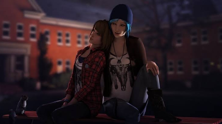 Video game still of two people leaning on each other