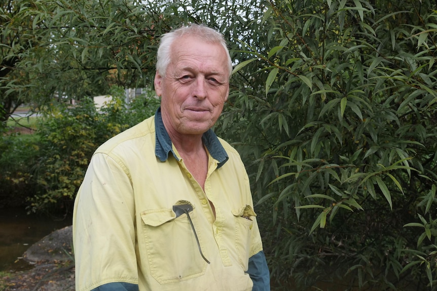 An older man in a high-vis shirt stands in front of a dense hedge.
