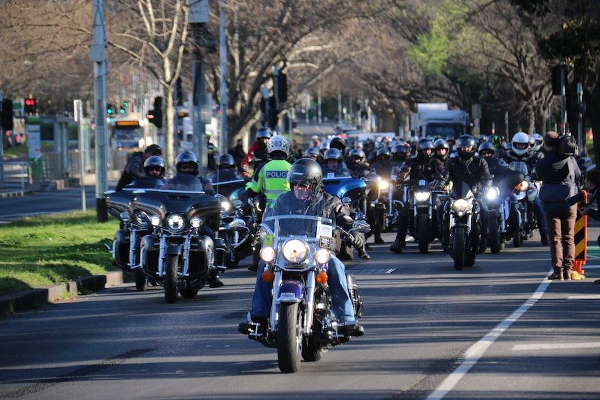 A large group of motorcycle riders starting the Wall to Wall police charity ride in Melbourne.