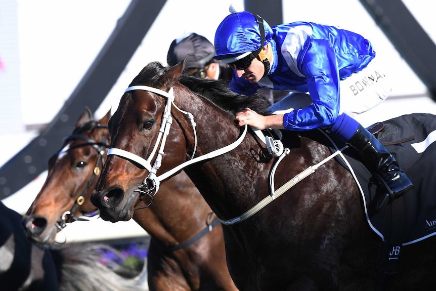 Hugh Bowman riding Winx at the finish of the Warwick Stakes.