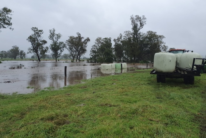 Flood waters washing away bales of silage, a ute parked nearby with bales on the back.