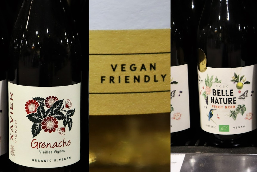 Three photos next to each other, all showing vegan wine labels.