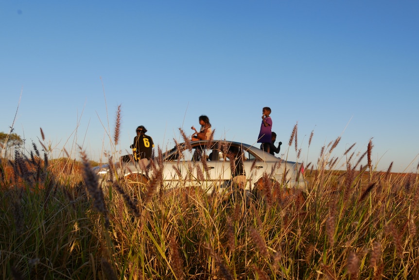 Children sit on top of a car in a field.